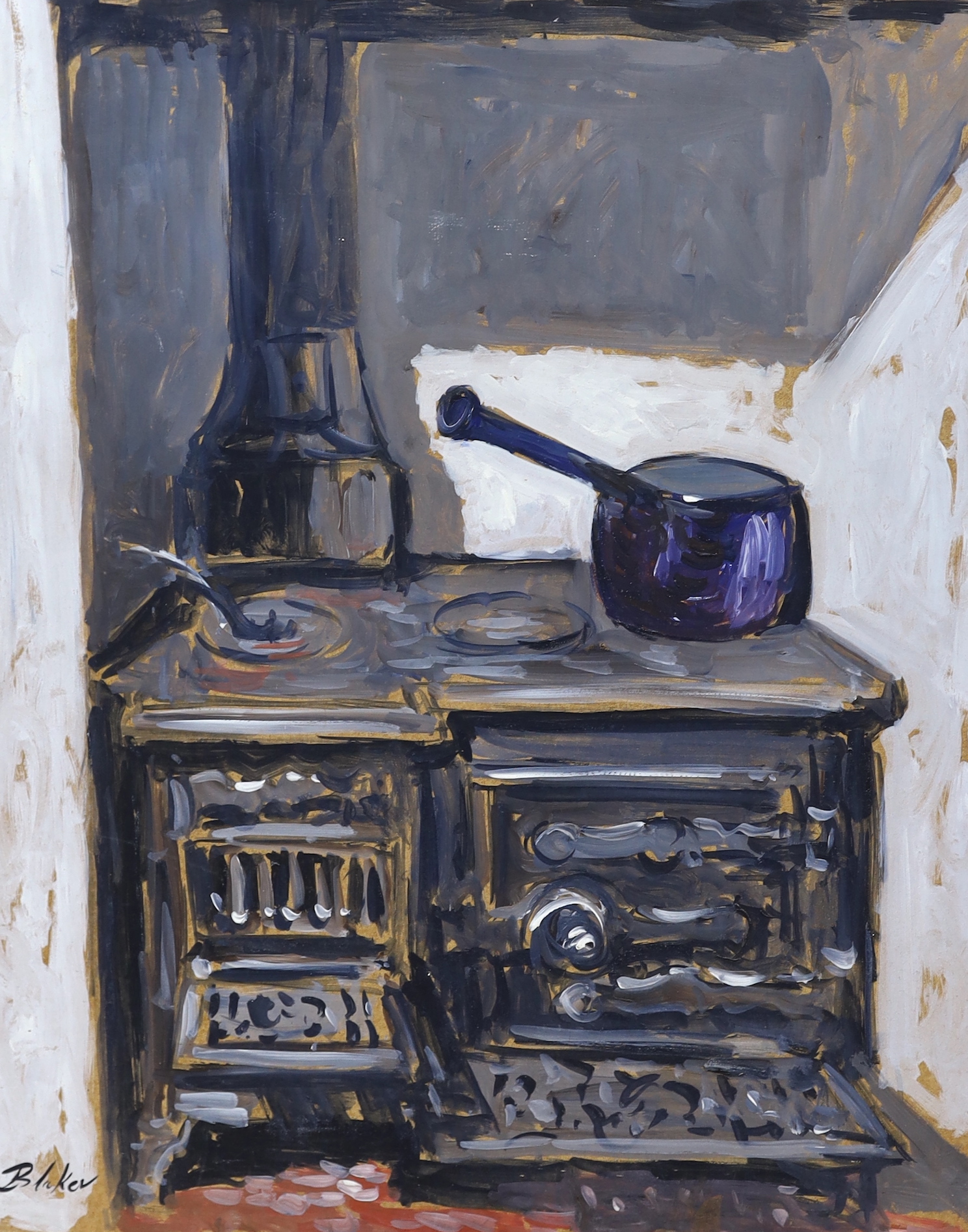 Michael John Blaker (1928-2018), two oils on board, Still life of fruit & flowers and vintage stove, signed, largest 76 x 46cm unframed